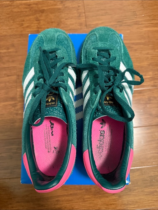 adidas Shoes - adidas Green Suede Gazelle with White Stripes and Pink Liner